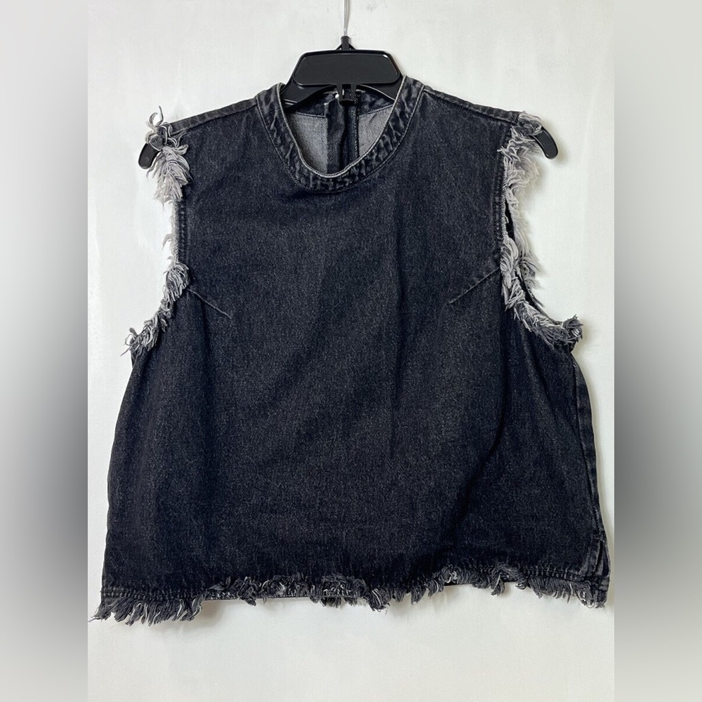 GAP 1969 Black Denim Mock Neck Frayed Raw Hem Jean Shell Sleeveless Tank, Size M